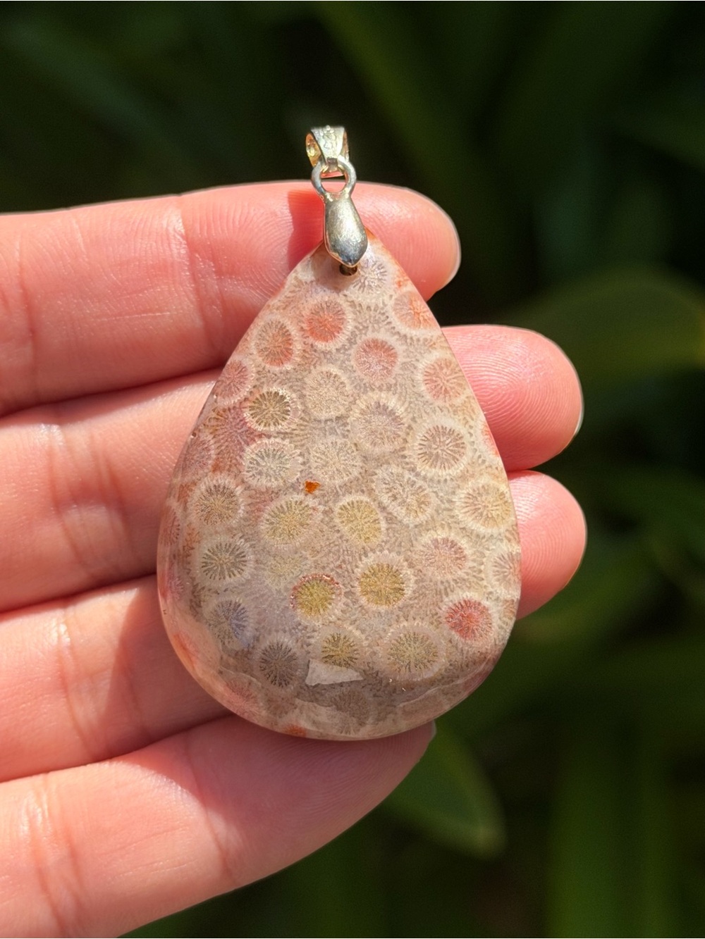 Teardrop Fossil Coral Pendant Necklace in Beige and Pink Palo